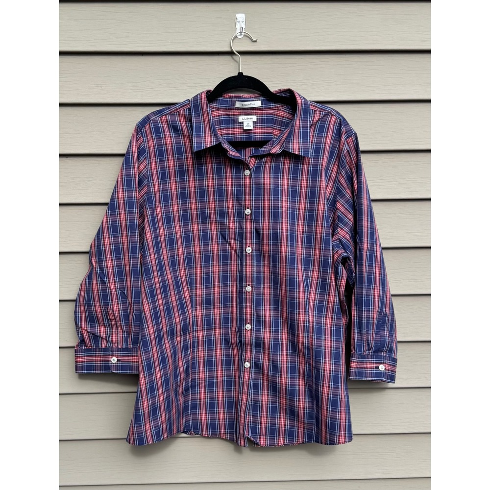 L.L.Bean Wrinkle Free Plaid Button Down Shirt 2X Navy Red Cotton